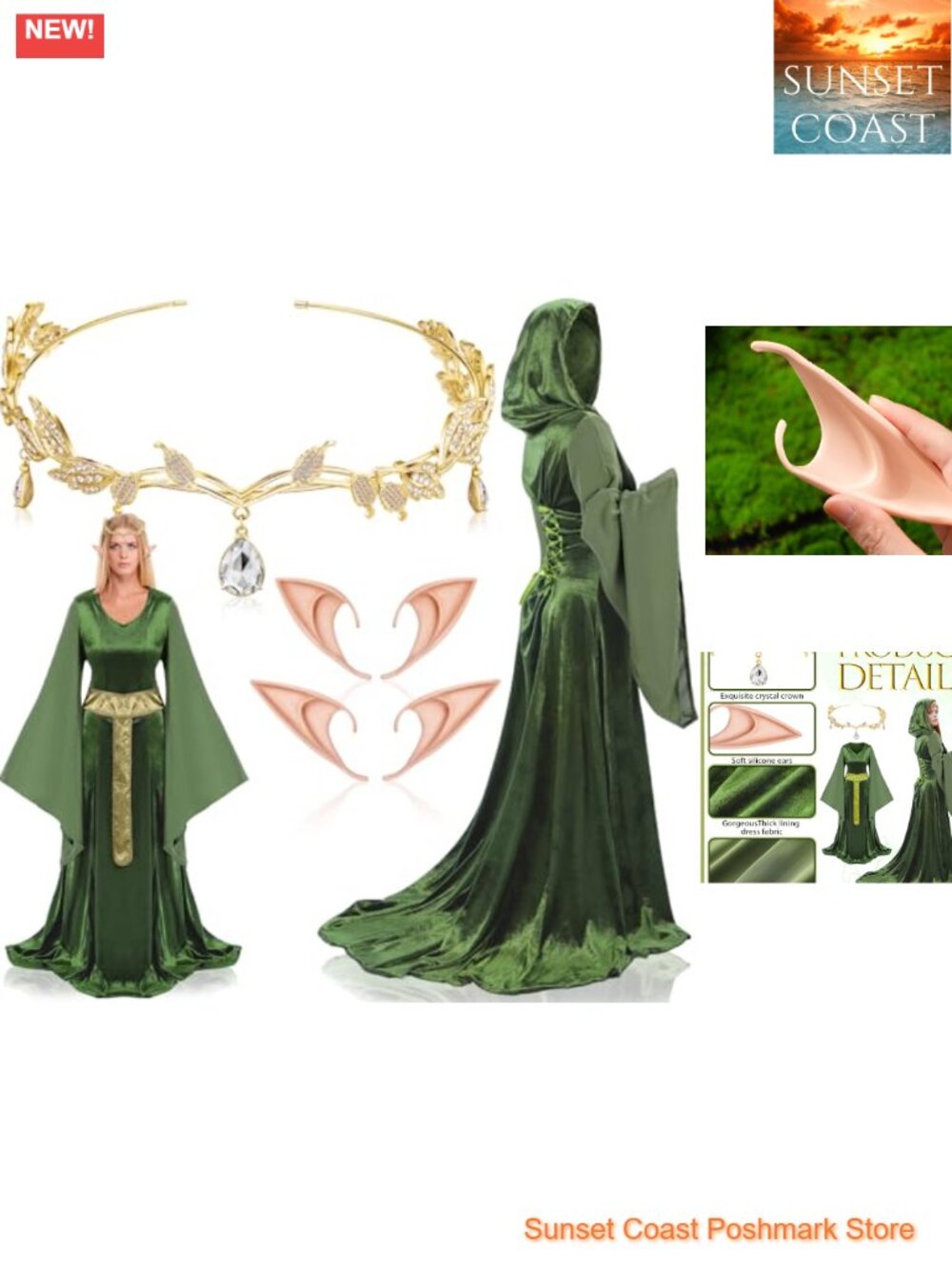 6 Pc Renaissance Medieval Hooded Robe Dress Fairy Headband Elf Ears Costume Set
